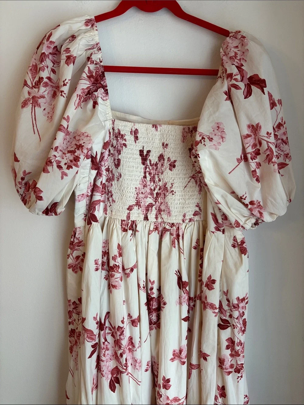 Abercrombie Emerson poplin Floral Puff-Sleeve Midi Dress Cream Rose Women LG EUC - Picture 11 of 12